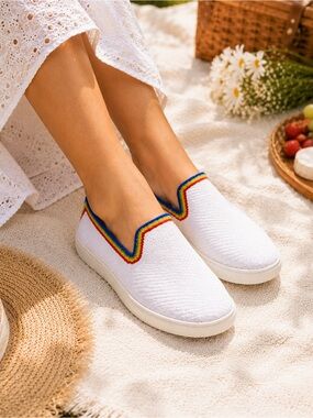 Rothy’s Retired The Driver White Rainbow Trim Loafers Size 9